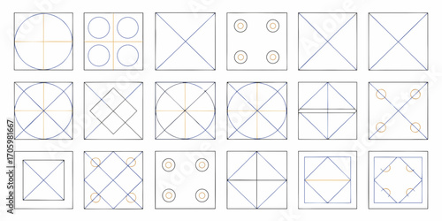 Geometric patterns and designs featuring squares circles and diagonal lines in a grid layout