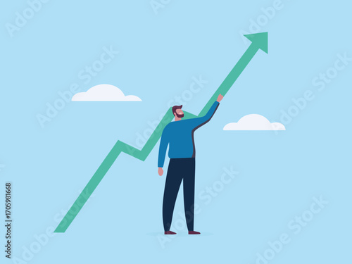 Man pushing a green upward trending graph arrow towards the sky symbolizing success and growth