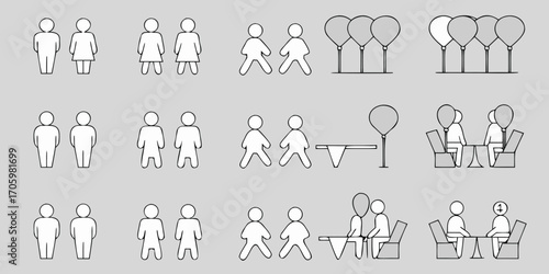 Set of simple line art icons depicting people in various social and event scenarios including couples groups and dining with balloons