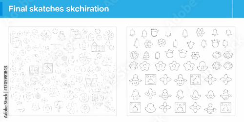 Collection of hand drawn simple sketches and icons including flowers bells houses and faces