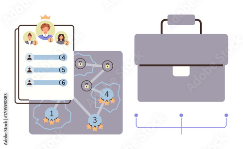 Leaderboard with ranked avatars, workflow map with stars and locks, and a briefcase representing work. Ideal for teamwork, leadership, career growth, planning, organization, strategy visualization