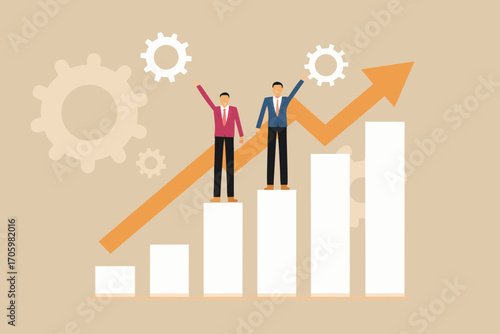 Two businessmen celebrating success on a rising bar graph with gears symbolizing teamwork and growth