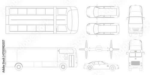 Collection of vehicle outlines including a bus cars and an airplane viewed from different angles