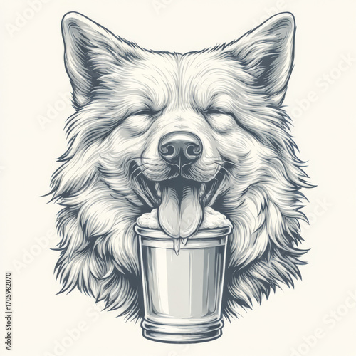 Happy husky dog joyfully drinking from a beer mug, detailed sketch style, on a light background with copy space
