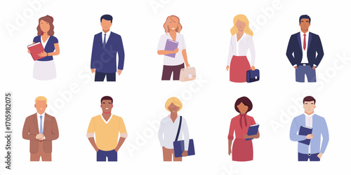 Diverse group of professionals in business attire holding folders and bags on a white background