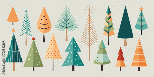 Cheerful Holiday Forest Whimsy: Playful Retro Christmas Tree Collection with Festive Colors and Geometric Charm on Neutral Background
