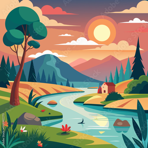 Serene sunset landscape with winding river flowing past a quaint cottage nestled among mountains and trees, perfect for travel brochures, nature blogs, and peaceful home decor