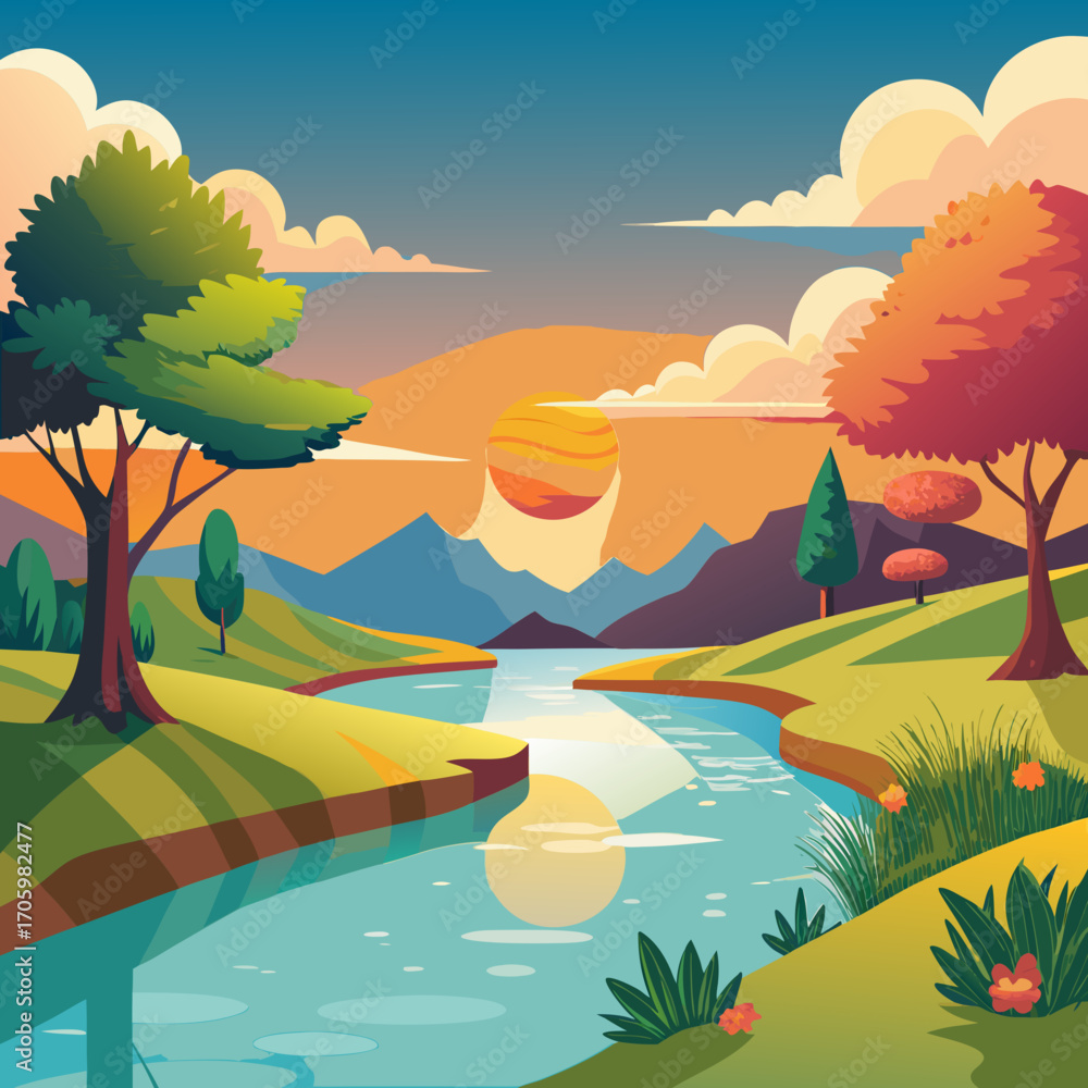 Obraz premium Serene sunset landscape illustration reflecting on tranquil river waters, an inspiring scene of nature's vibrant beauty with trees, mountains, and calming atmosphere for peaceful designs