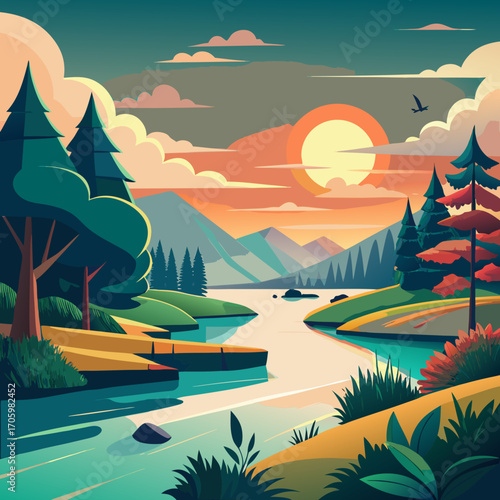 Serene vector landscape illustration of sunset over mountains and river surrounded by lush forest, inviting tranquil scene for nature lovers and outdoor adventure enthusiasts