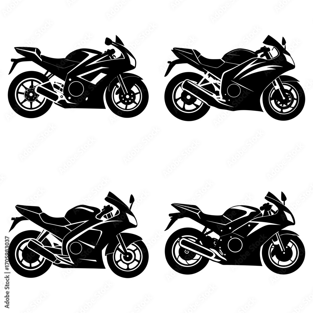 Obraz premium Four black silhouette motorcycles displayed in a square arrangement on a white background graphic design