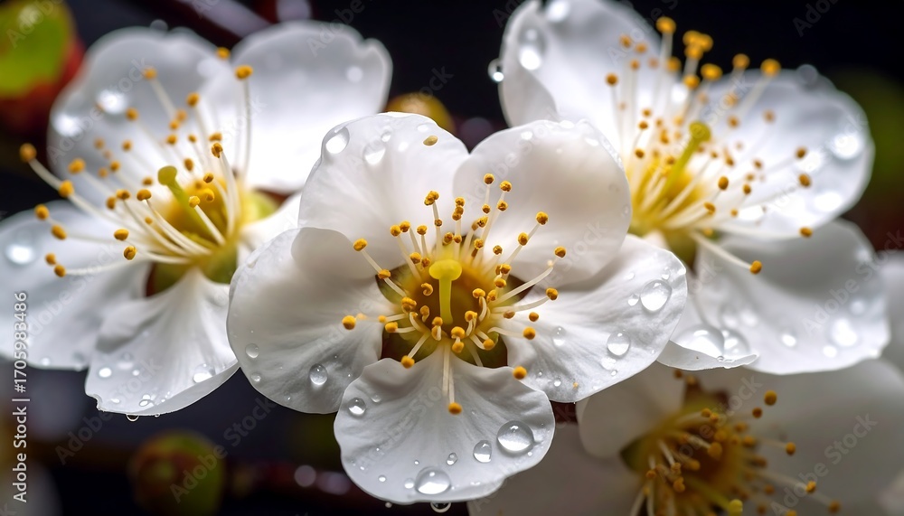 Obraz premium Close-up of delicate white blossoms with water droplets