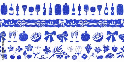 Hand drawn blue celebration elements border seamless pattern with bottles glasses ribbons and fruits