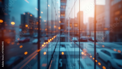 Reflections on a glassy facade revealing an impressionistic vista of blurred vehicles and distant structures at twilight