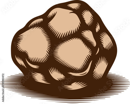 Retro woodcut drawing of a round rock or earthy clod, isolated vector illustration 321