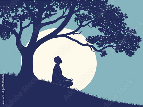 Meditation Under Tree Silhouette Relaxation Vector Illustration