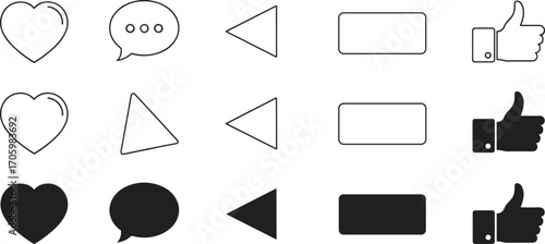 Grid of heart, speech, play, rectangle, and thumbs-up icons in outline, partial fill, and solid styles for UI design