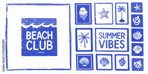 Beach club summer vibes collection of blue and white hand drawn nautical icons and text