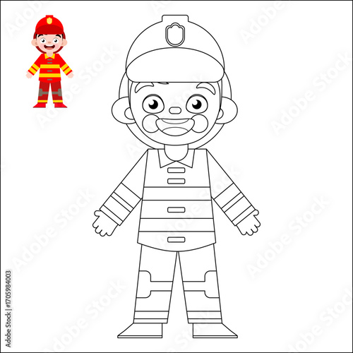 
Coloring page with the image of a firefighter with a fire hydrant. Profession. Coloring book for children.