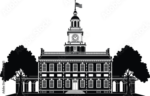 Independence Hall silhouette vector illustration of historic American architecture with clock tower, flag, trees, and symmetrical colonial building design