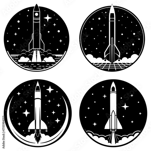 Four circular emblems featuring rockets launching into space with stars in a black and white design