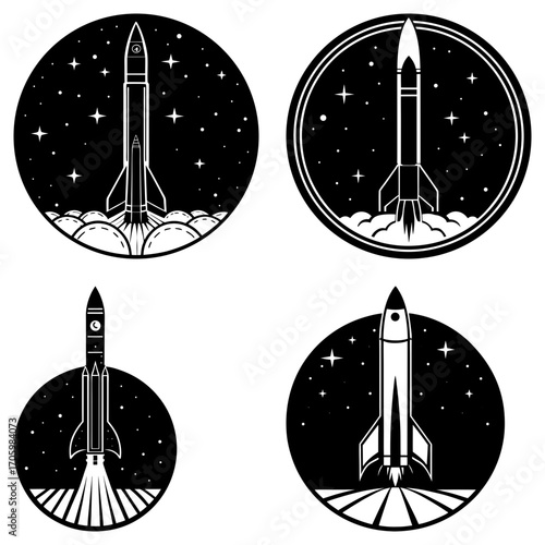 Illustration of four rocket ship launch icons in black and white with stars and exhaust plumes design