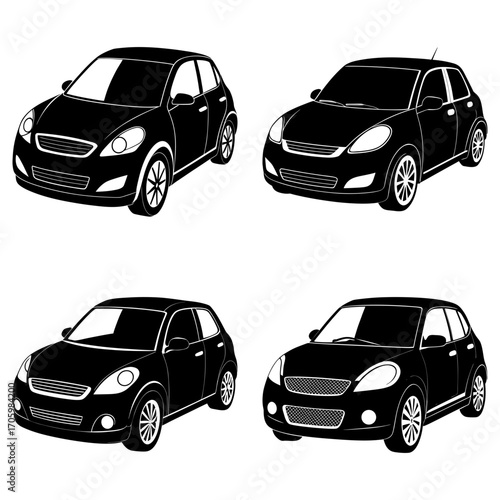 Four black and white hatchback cars are displayed in a grid pattern with different angles and positions