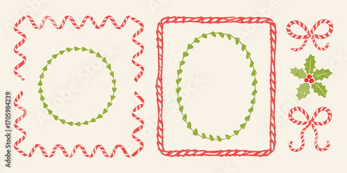 Hand drawn christmas elements featuring candy canes holly and heart garlands for festive design