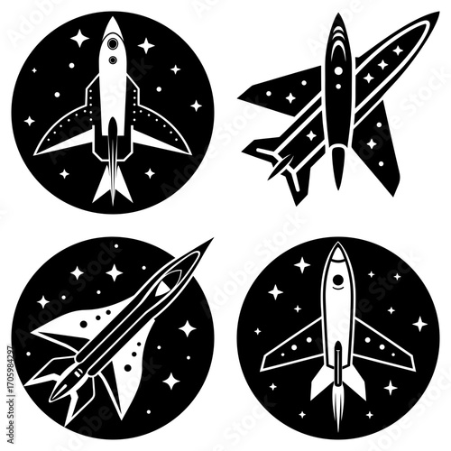 Four black and white rocket ship icons in space with stars in a vector graphic illustration format