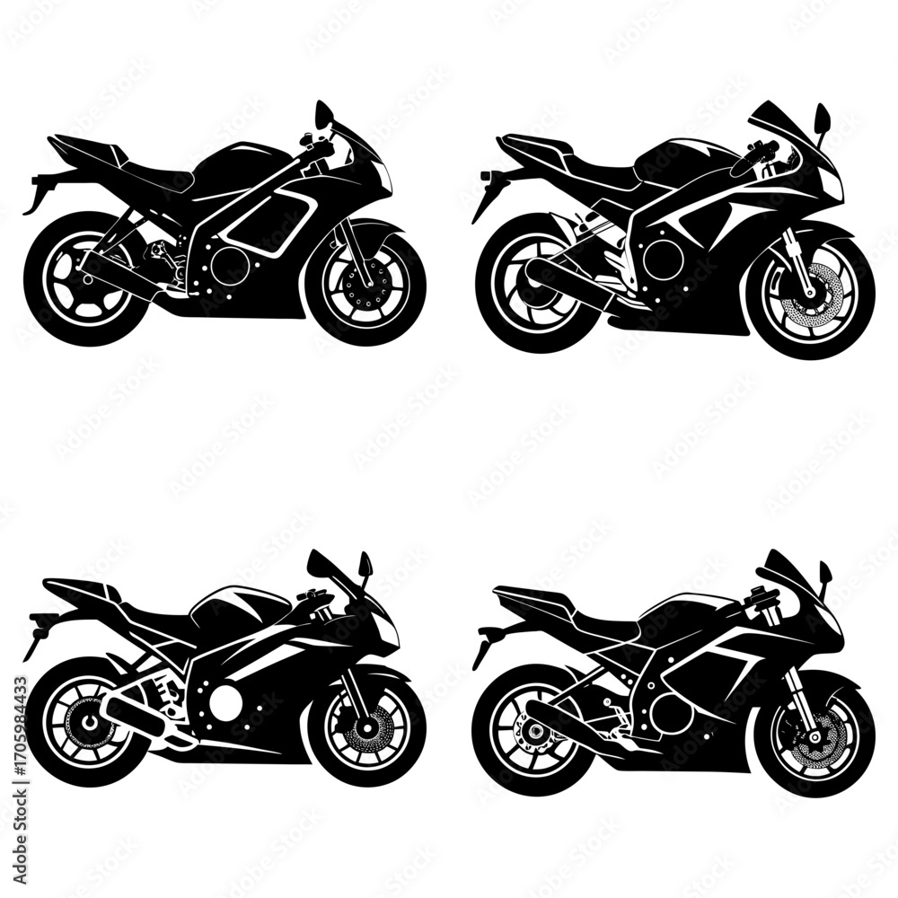 Naklejka premium Four black motorcycle silhouettes arranged in a square pattern on a white background design vector
