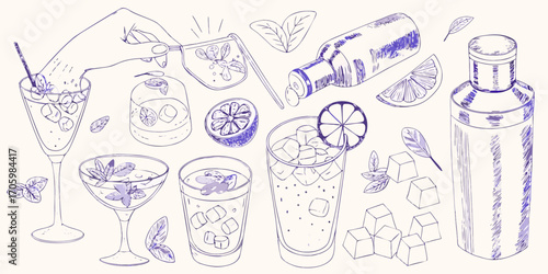 Hand preparing refreshing summer cocktails with ice cubes mint leaves lemon slices and a shaker