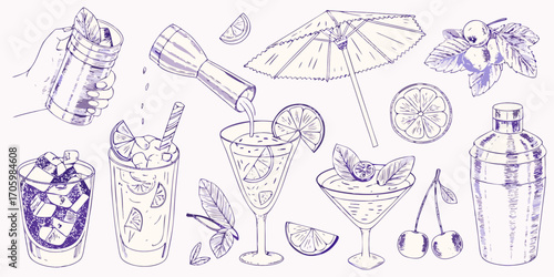 Hand drawn sketch of refreshing summer cocktails with ice citrus fruits and garnishes for a party