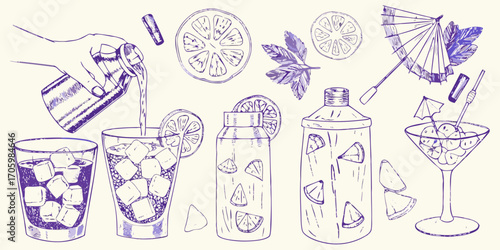 Hand pouring cocktail from shaker into glass with ice and lemon slices surrounded by drink ingredients and barware