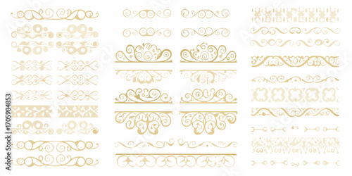 Collection of elegant gold decorative flourishes and ornate borders for design elements