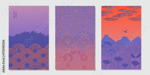 Triptych of japanese inspired abstract landscapes with mountains waves and floral motifs in purple and orange gradient colors