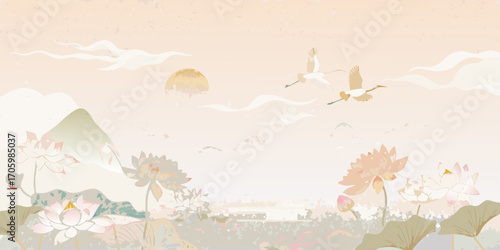 Serene landscape with lotus flowers mountains and flying cranes under a hazy sun and clouds