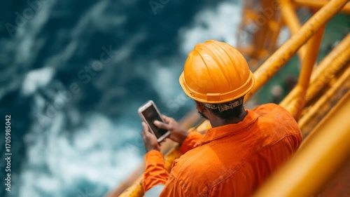 Oil Rig Worker Using Phone for Communication with Blue Ocean with Safety First.