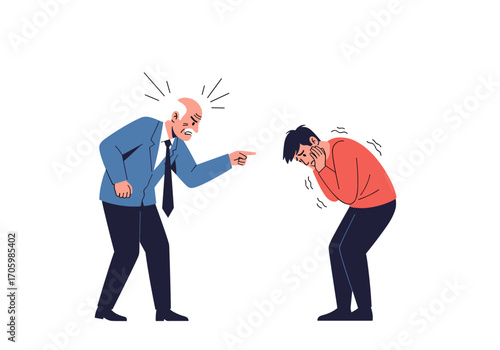 Angry boss yelling at scared employee in office conflict.