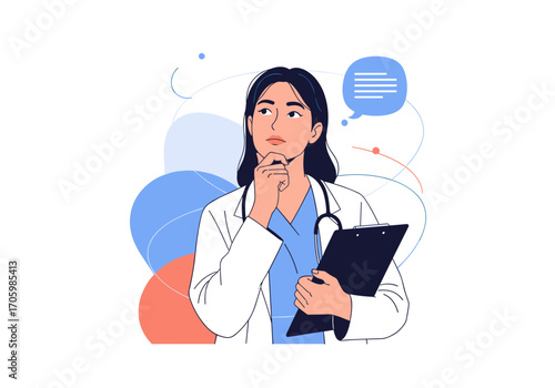Doctor thinking with stethoscope and clipboard in hand.