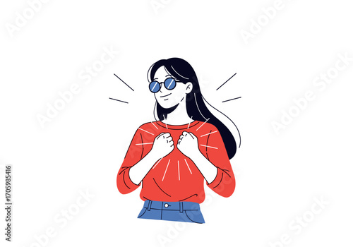 Young woman with sunglasses and red shirt feeling confident.