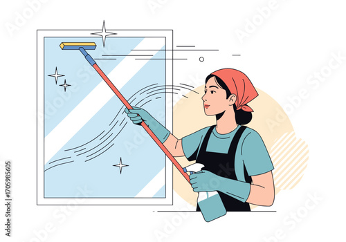 Woman cleaning a window with a squeegee and spray bottle.