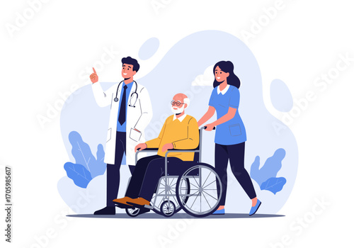 Doctor Nurse Helping Elderly Man In Wheelchair.