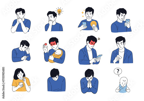 Collection of Diverse Human Emotions and Expressions Depicted in Illustrations.