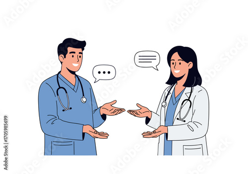 Two doctors in conversation discussing medical information.