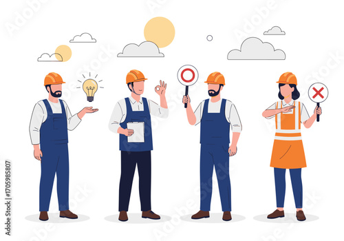 Construction Workers Holding Signs and Lightbulb.