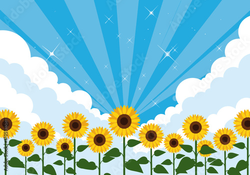 Vibrant Sunflower Field Under a Bright Blue Sky with Sunburst Effect.