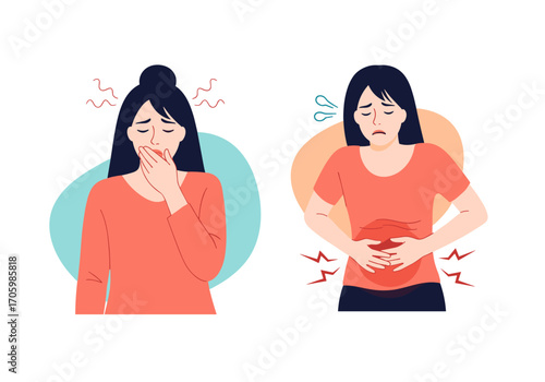 Woman feeling sick with stomach ache and nausea illustration.