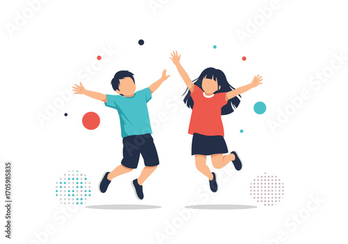 Two happy children jumping in the air with joy.