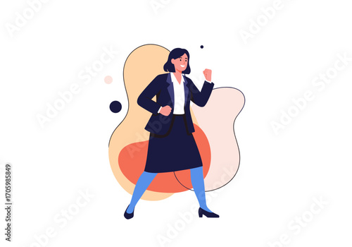 Businesswoman standing confidently with a determined expression.