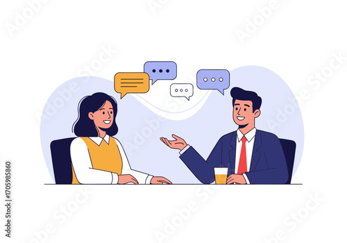 Two people in a business meeting discussing ideas with speech bubbles.
