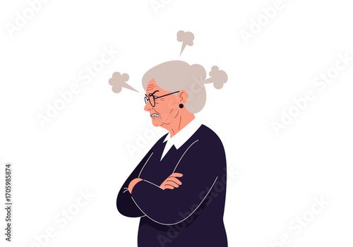 Angry elderly woman with arms crossed and steam coming from head.